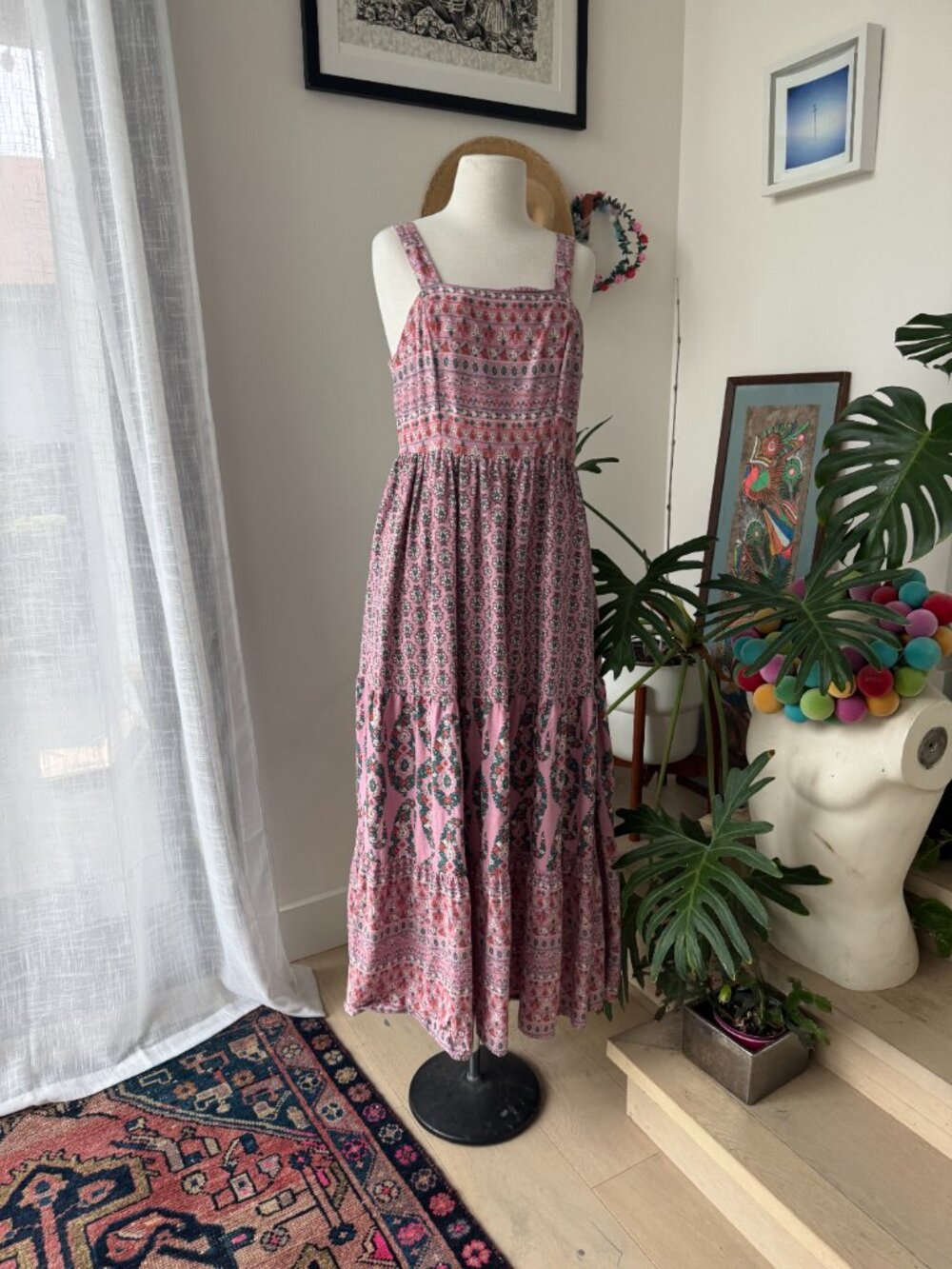 Knox Rose Paisley Floral Tiered Smocked-Back Peasant Maxi Dress M Medium - Picture 2 of 14